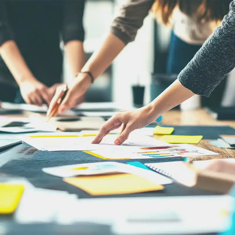 Creative team collaborates on brand and identity planning with colorful notes and documents, highlighting Artmedia Digital's branding services.