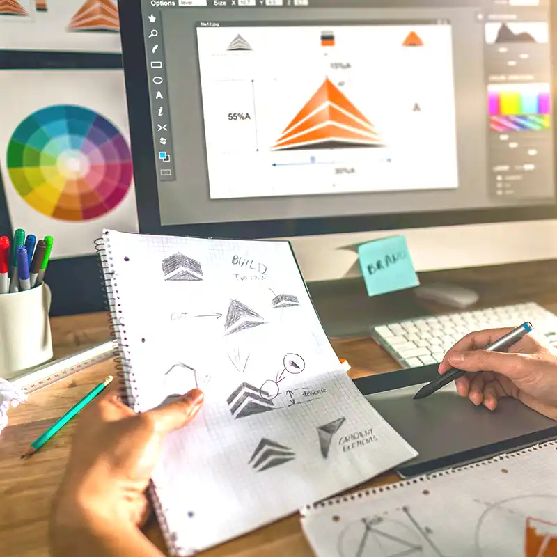 Designer sketching logo concepts at a desk with a drawing tablet, showcasing Artmedia Digital's branding and web design expertise.