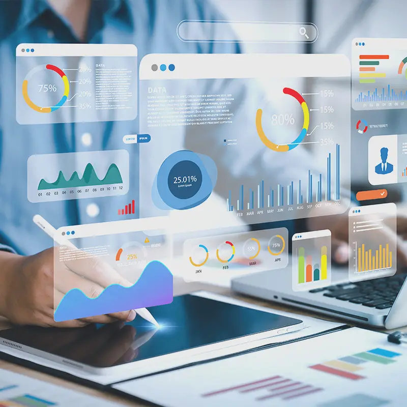 Expert infographic design for data visualization, displaying various charts, graphs, and statistics on a digital workspace, illustrating Artmedia Digital's ability to simplify complex information.