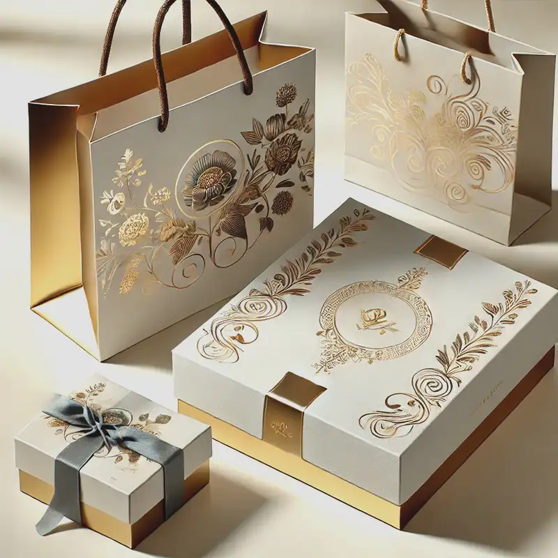 Premium packaging design solution for luxury brands, showcasing custom-designed gift boxes and bags with intricate gold illustrations, expertly crafted by Artmedia Digital.