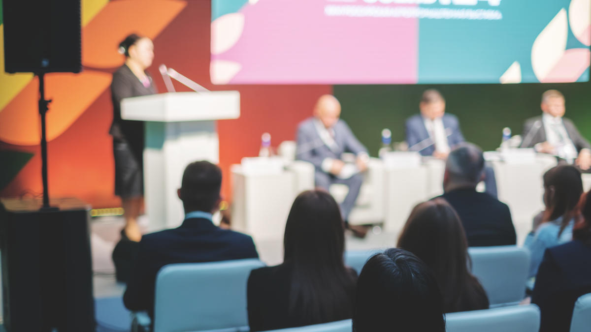 Conference panel with presenter discussing entity home and brand as the source.