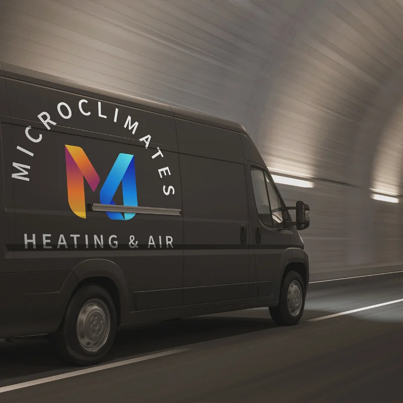 Dark van with vibrant Microclimates Heating & Air logo drives in lit tunnel, showcasing Artmedia Digital's branding and design expertise.