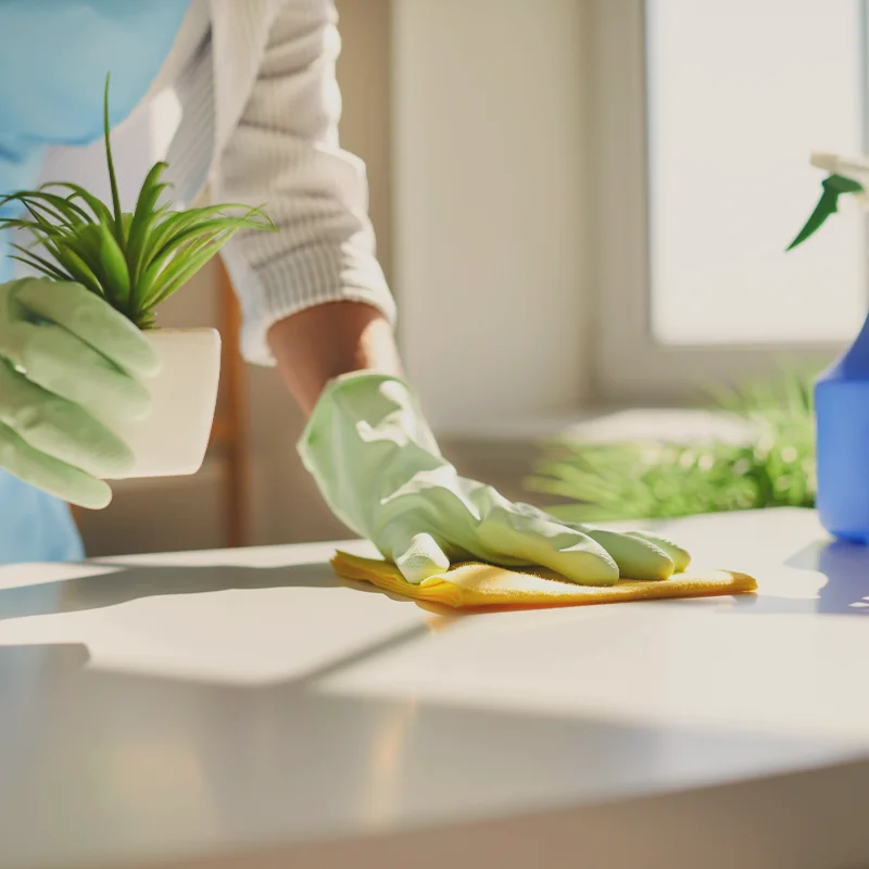 Gloved cleaner wiping a sunlit countertop – Experts European Cleaning website by Artmedia Digital.