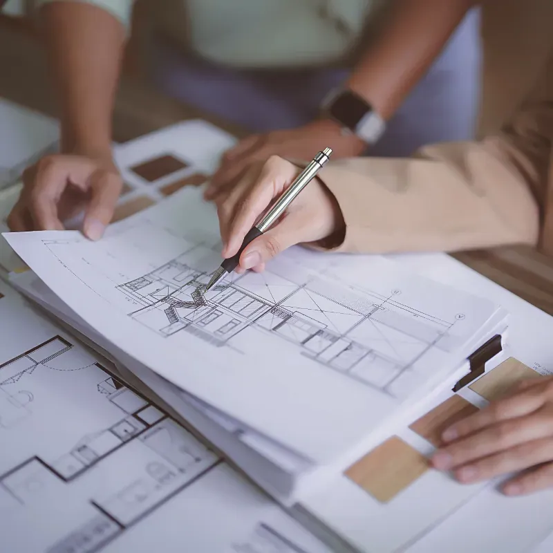 Two people collaborate over architectural plans and color swatches, reflecting Artmedia Digital's focus on precision in design and branding.