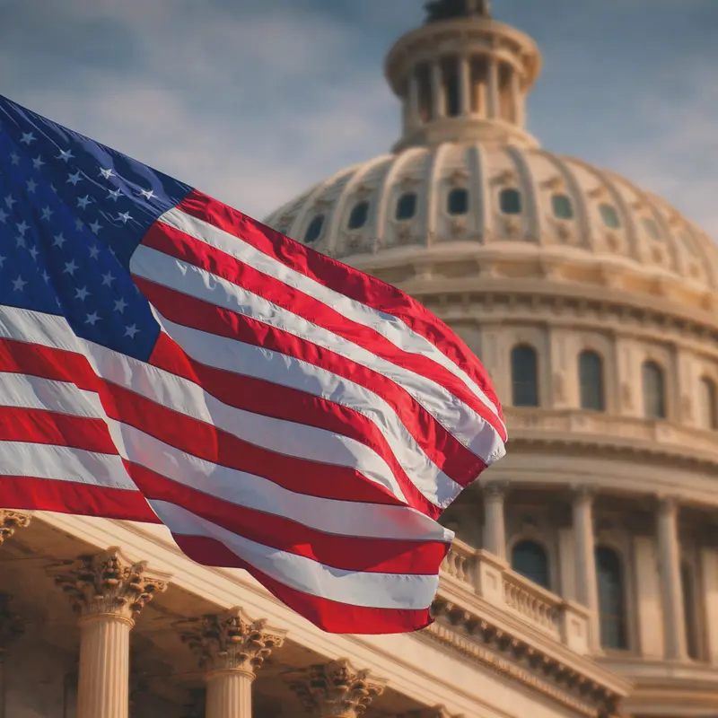 American flag waving in front of the U.S. Capitol, symbolizing patriotic themes for Artmedia Digital's impactful web design and marketing services.